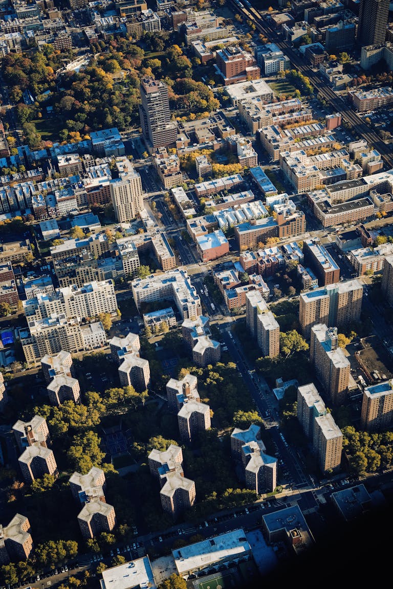 Aerial photograph of a New York City residential neighborhood with unique building architecture.
